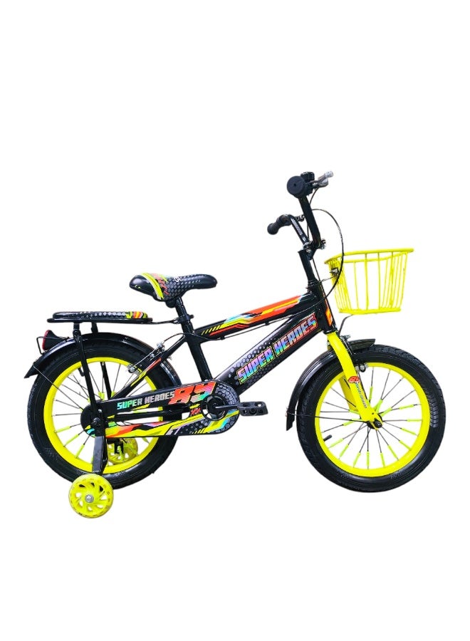 Super Hero 16-Inch Kids Bicycle – Yellow | Steel Frame, Training Wheels, Safety Brakes, Basket & Rear Carrier | Abo ElGoukh & Maxlerz® Warranty | For Boys & Girls (4–7 Years) - Image 1